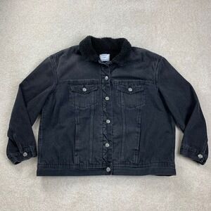 Old Navy Denim Jacket Women XL Black Sherpa Lined Boyfriend Trucker Coat